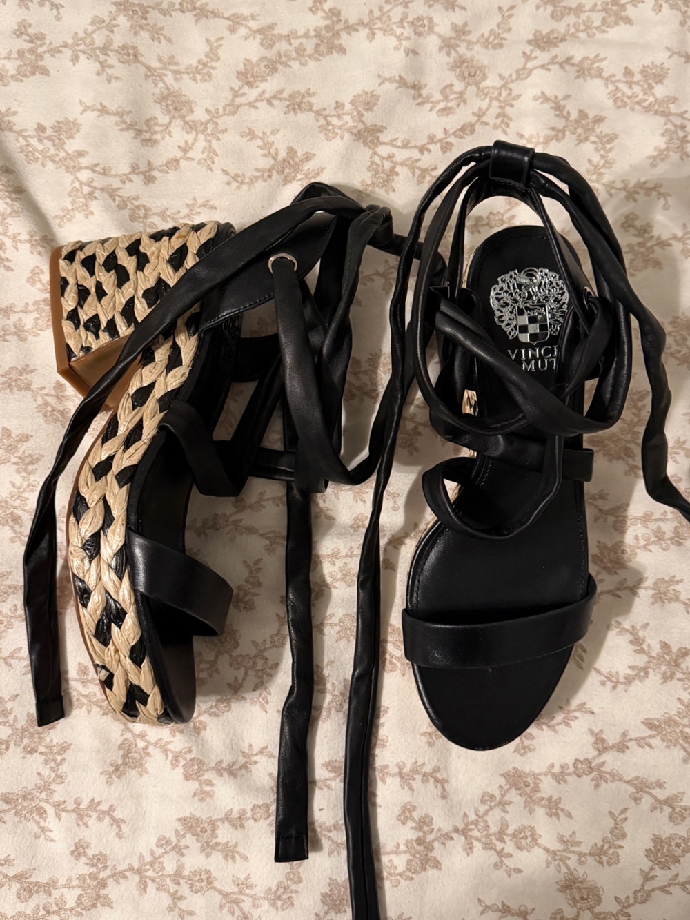 Vince Camuto Black Leather Braided Platform Lace-Up Sandals